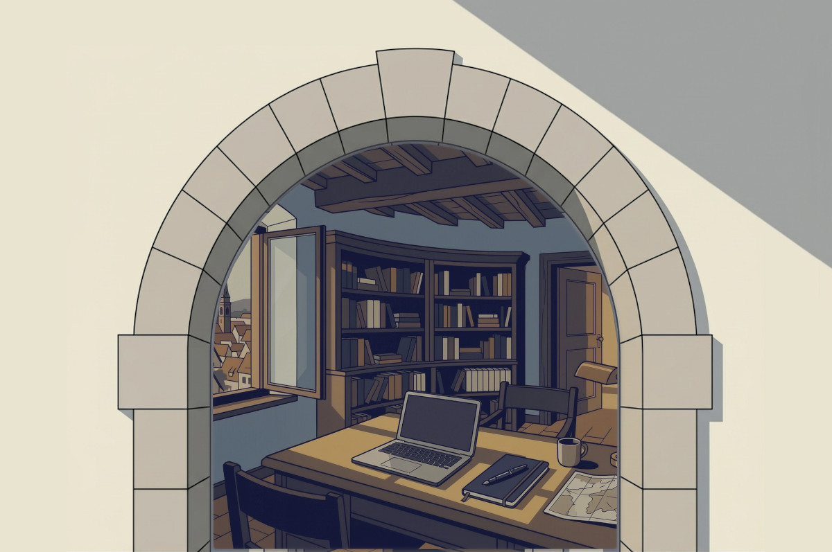 A corridor in a European studio leading to a quiet working library